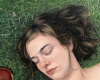 Portrait Painting of woman lying on grass By Rebecca Luncan, oil on aluminum
