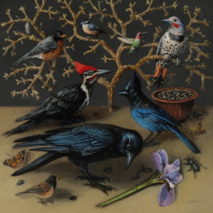 Miniature oil painting of birds on copper by Rebecca Luncan, 5" x 5"