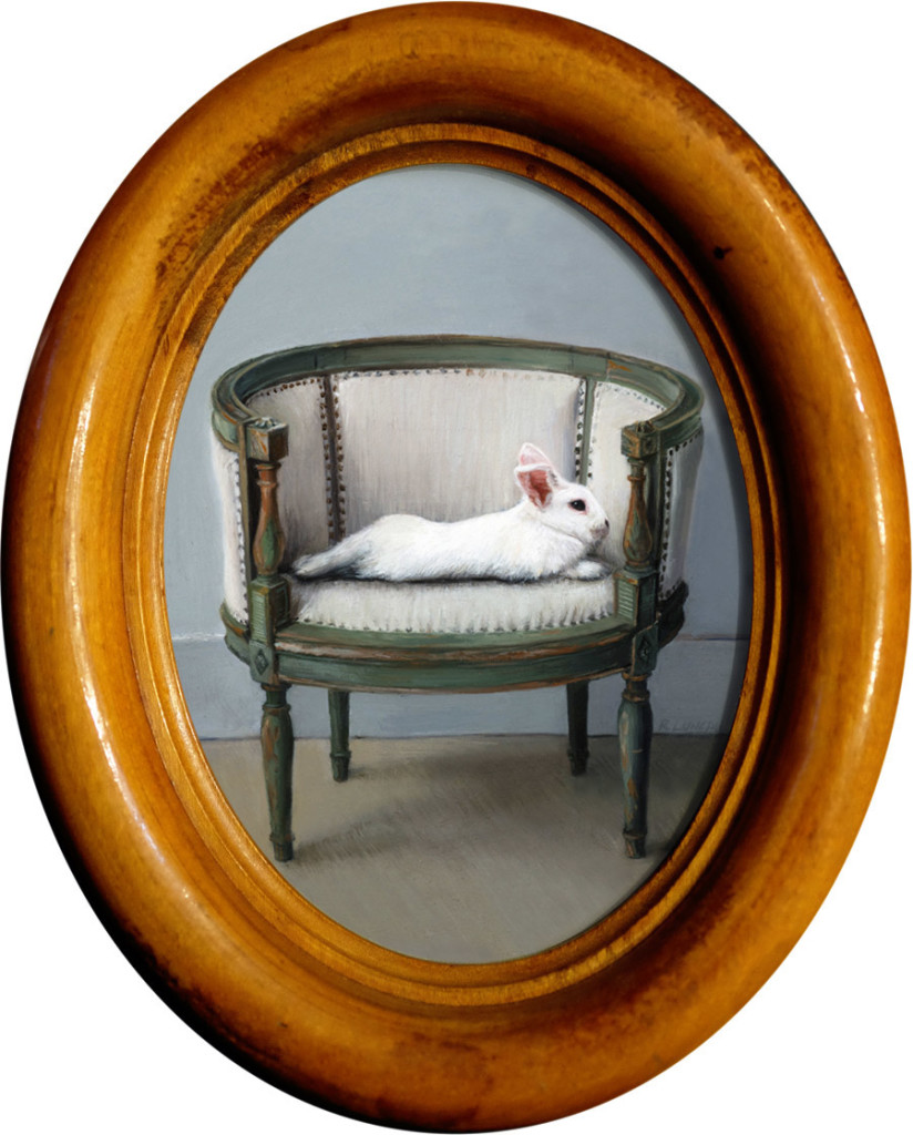 Reclining Rabbit oil painting miniature by Rebecca Luncan