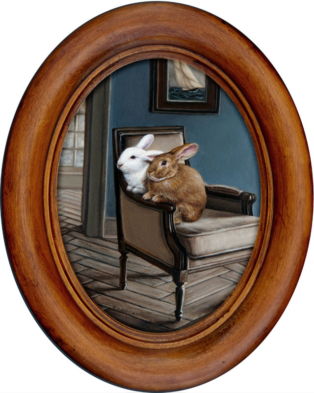 Miniature painting of house rabbits, Setting Sail, by Rebecca Luncan
