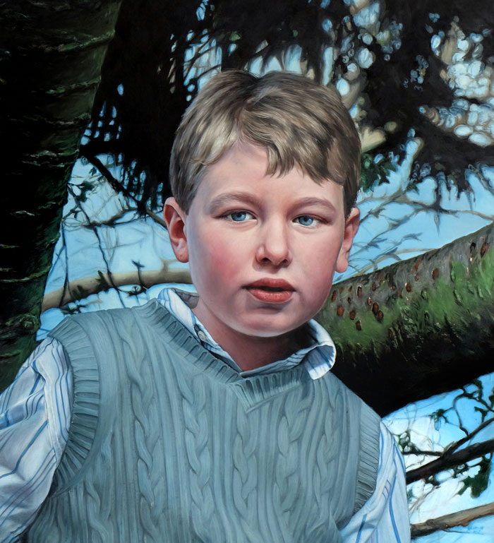 Portrait commission painting of child with landscape in the background by Rebecca Luncan