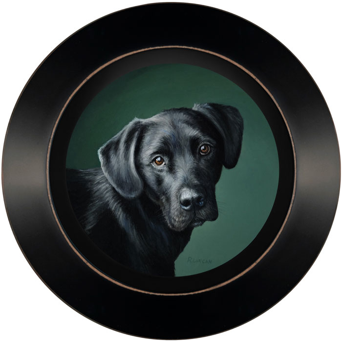 Framed Pet Portrait of Man's Best Friend Black lab miniature oil paining by Rebecca Luncan