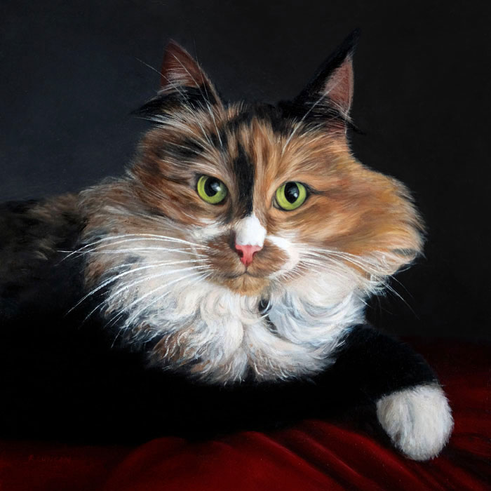 Cat Pet Portrait painting of Lucy reclining by Rebecca Luncan