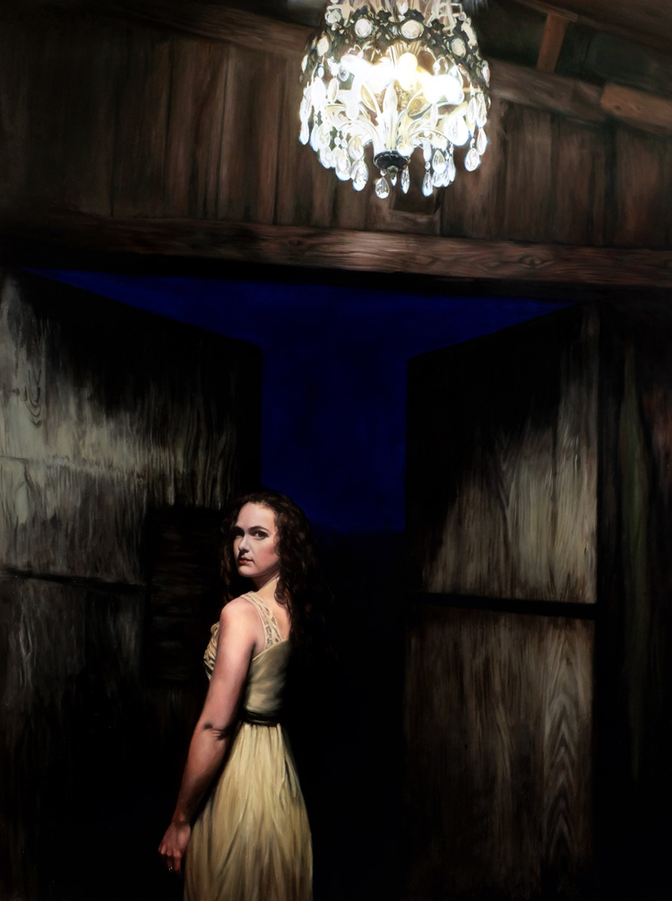 Silver Chandelier, figurative oil painting by Rebecca Luncan