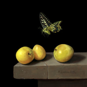 Swallowtail butterfly over Japanese plums, Miniature oil on copper painting by Rebecca Luncan