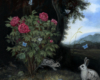 Miniature forest floor still life painting with butterflies and rabbits by Rebecca Luncan