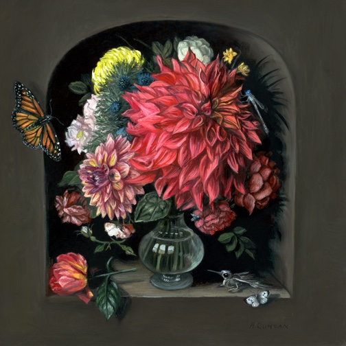 Miniature Vanitas with Flowers and Butterflies oil painting by Rebecca Luncan