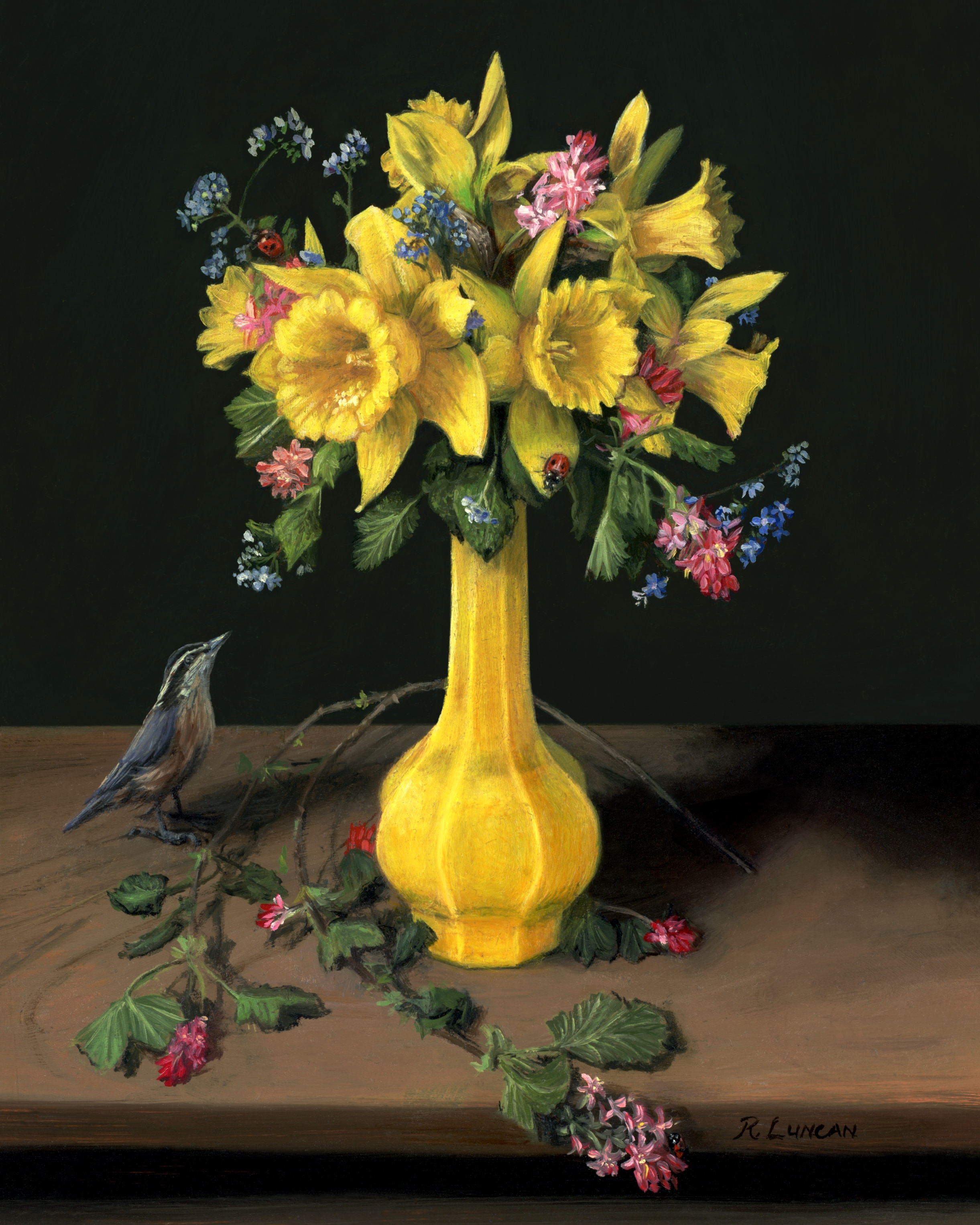 Daffodils Spring Flowers miniature still life painting by Rebecca Luncan