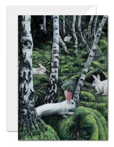 A slient gathering - white rabbits in the forest greeting card