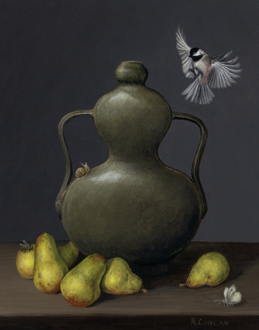 Miniature still life oil painting on aluminum of black capped chickadee, Chinese porcelain and bartlet pears by Rebecca Luncan