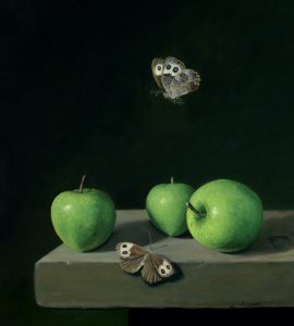 photo realistic still life paitning with fruit and insects by Rebecca Luncan