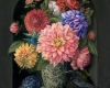floral still life, botanical painting with Dahlia's and crow by Rebecca Luncan