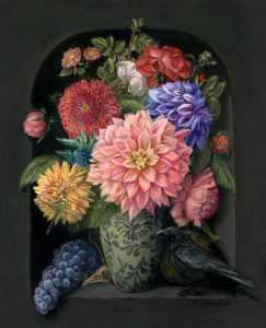floral still life, botanical painting with Dahlia's and crow by Rebecca Luncan
