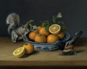 Shenanigans, miniature still life painting with spotted towhee, squirrel and fruit by Rebecca Luncan