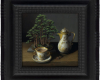 still life painting of bonsai and Messian porcelain chocolate cup and chocolate pot. Cup of hot chocolate by Rebecca Luncan with dutch ripple frame