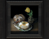 still life painting with bread and cheese, tulip and robbin by Rebecca Luncan oil painting on aluminum