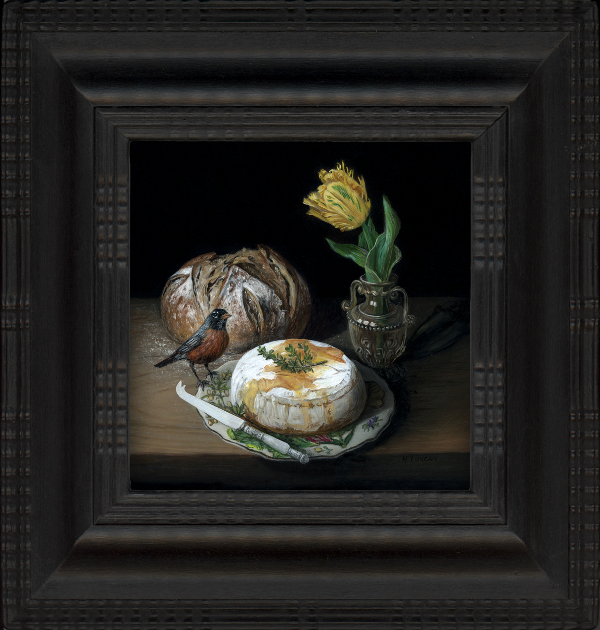 still life painting with bread and cheese, tulip and robbin by Rebecca Luncan oil painting on aluminum