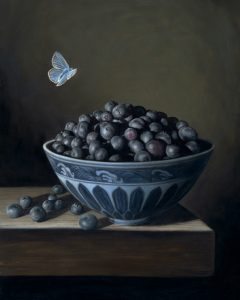 Still life painting of blueberries in porcelain bowl with blue butterfly by Rebecca Luncan