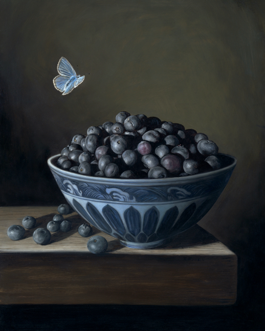 Still life painting of blueberries in porcelain bowl with blue butterfly by Rebecca Luncan