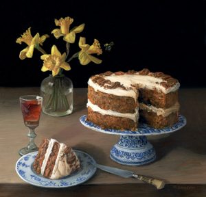 carrot cake and daffodils still life painting by Rebecca Luncan