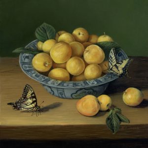 dutch inspired plum and butterfly still life painting by Rebecca Luncan