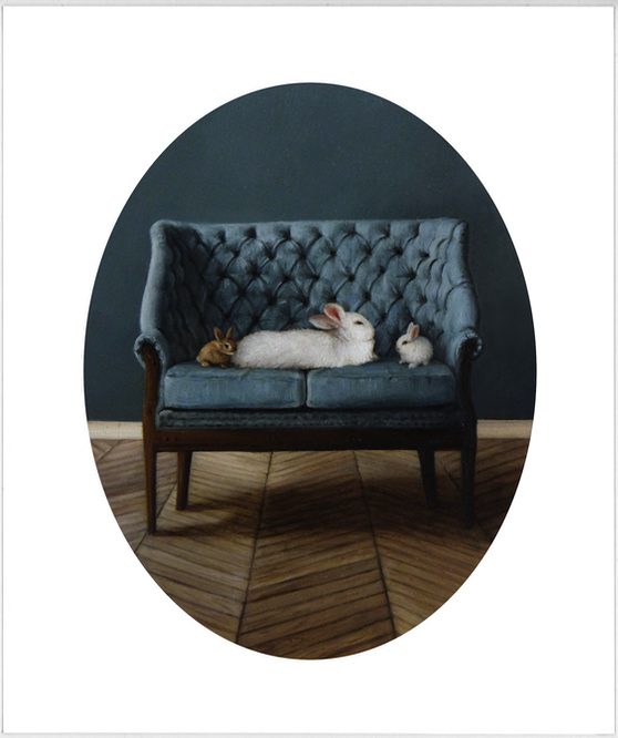 Rabbit mama and two baby rabbits in chair, oil painting on copper by Rebecca Luncan