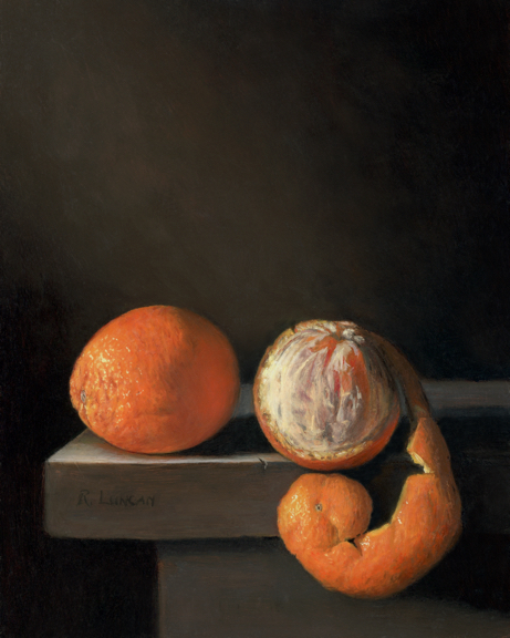 Orange still life oil paitning on copper by Rebecca Luncan