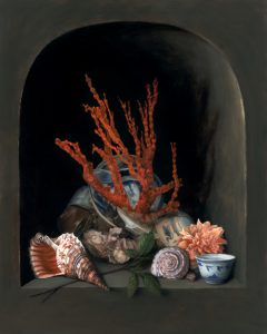 Shipwrecked porcelain and coral still life painting, oil on aluminum by Rebecca Luncan