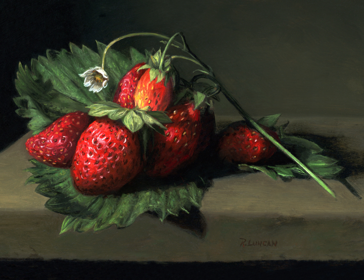 Summer treasure, strawberry oil painting still life on copper by Rebecca Luncan