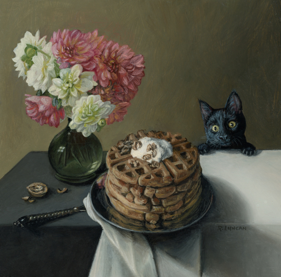 still life paitning floral with waffles and cat by Rebecca Luncan